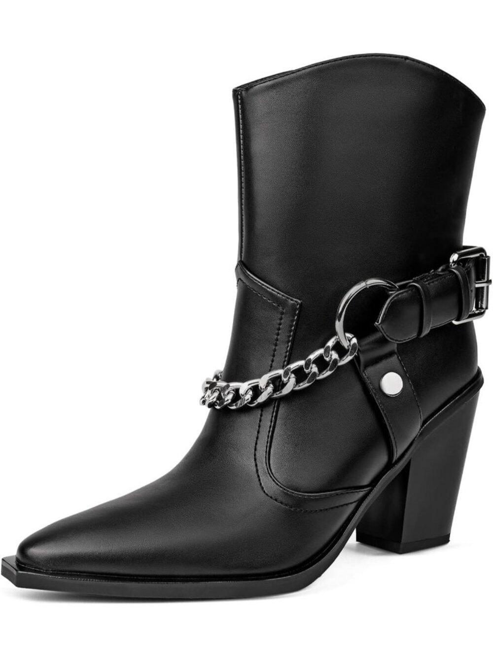 Women's Black Western Pointed Toe Block Heel Chain Buckle Detail Ankle Booties